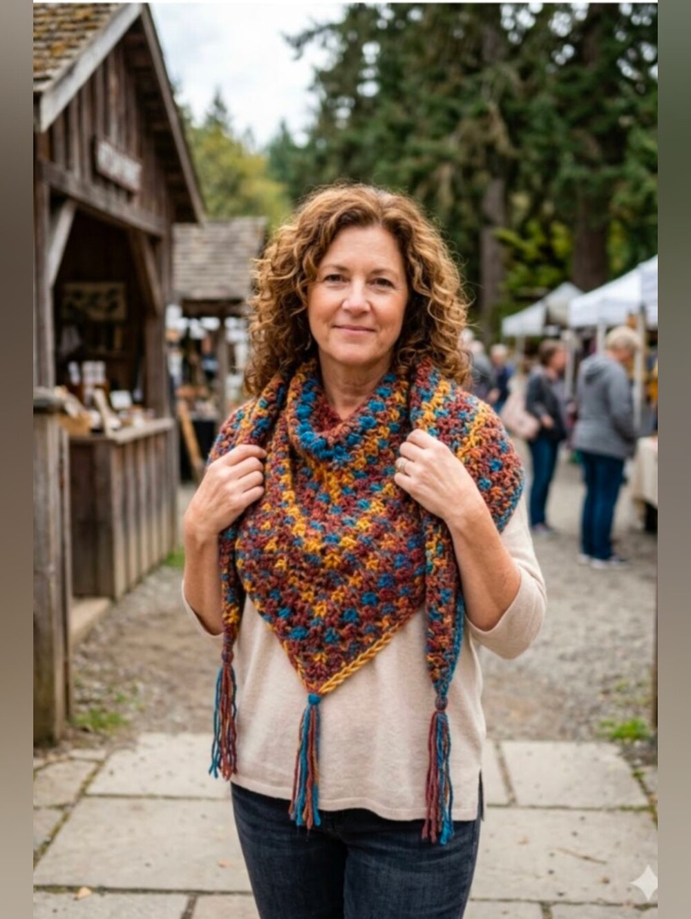 Handmade Knit Variegated Acrylic Multicolor Shawl Wrap Scarf Blue Rust